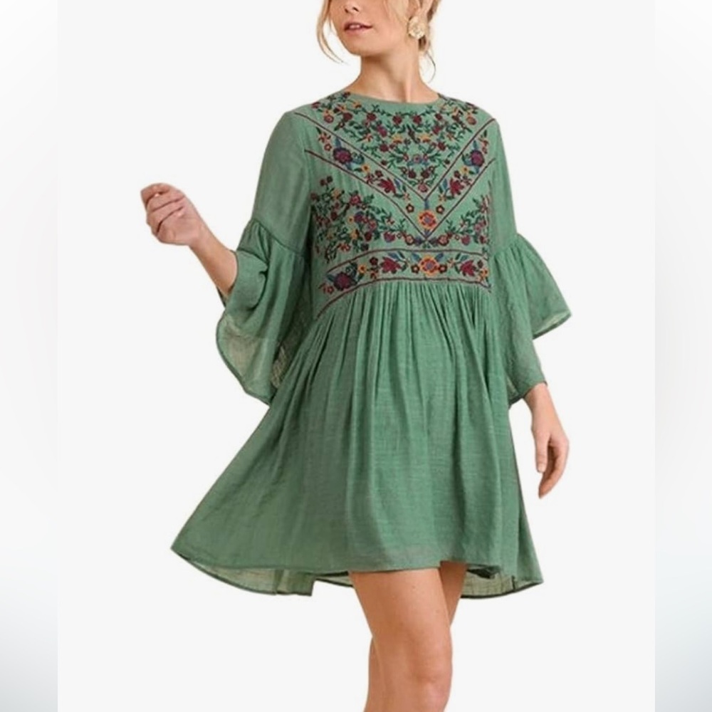 Umgee Green Floral Embroidered Dress Women’s Large